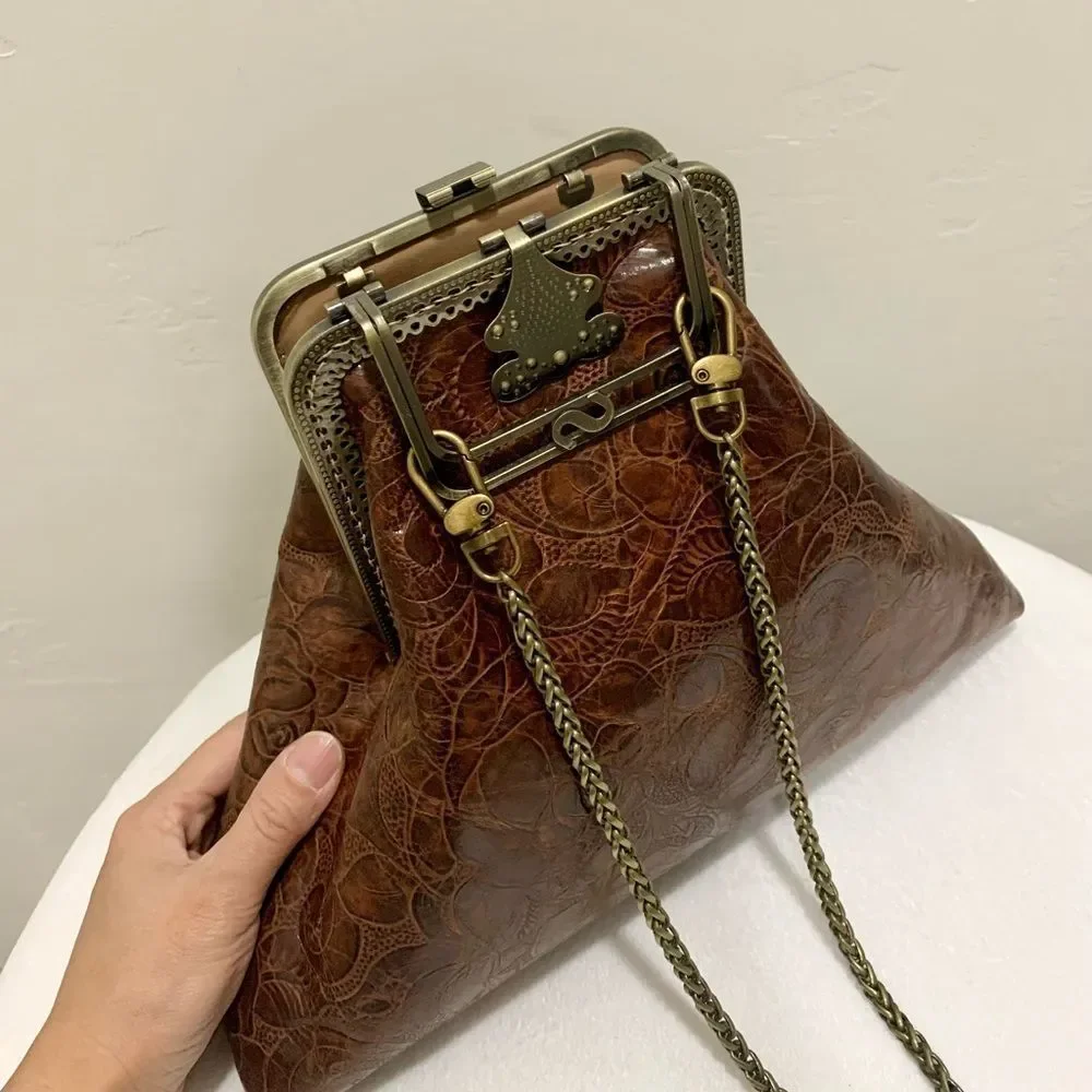 Brown Floral-Embossed Leather Shoulder Bag with Chain Handle